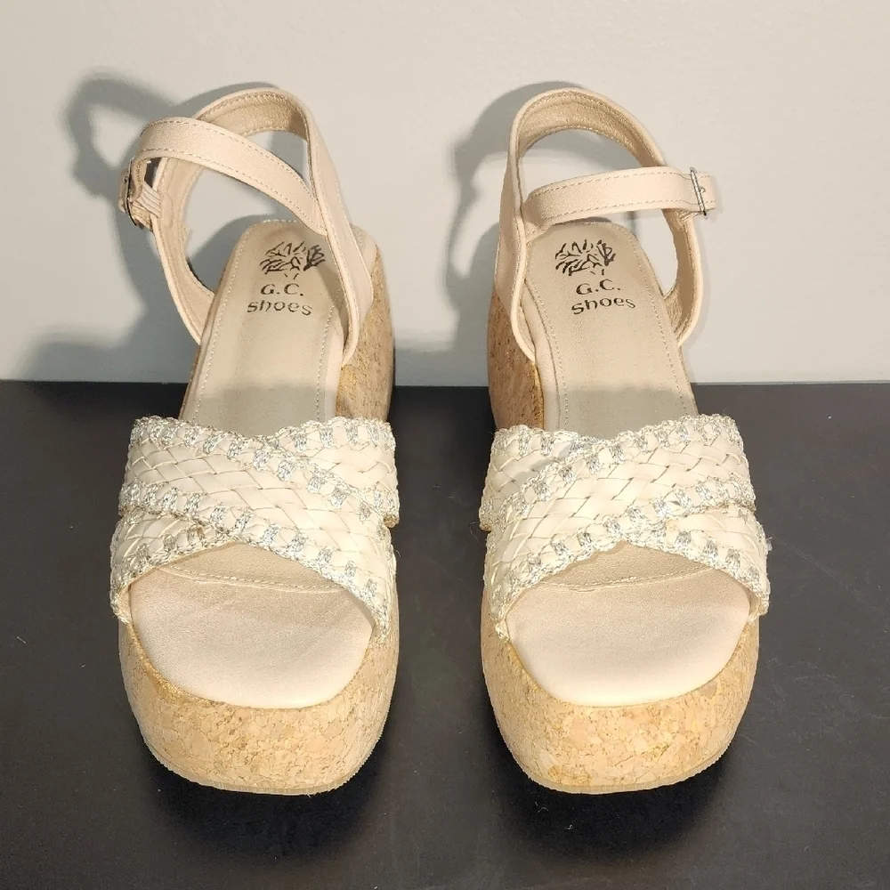 G.C. Cream Wedge Platform Shoes with Braided Straps
